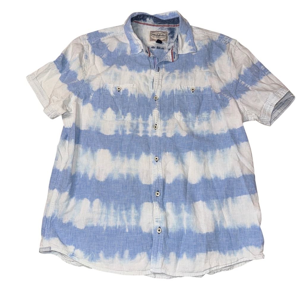 Flag & Anthem Button Down Shirt Large Blue White Tie Dye Linen Blend SM20WS746